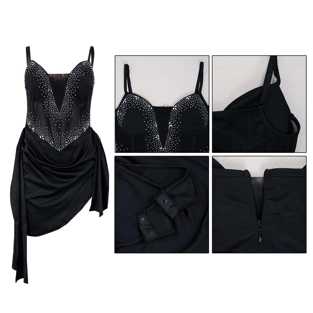 Geulis Women Rhinestone Mini Birthday Dresses Mesh Bodysuit Bodycon Dress | Sexy Sheer Bustier Corset, Asymmetrical Draped Skirt, Sparkly Clubwear for Birthday, Prom, Cocktail and Night Out