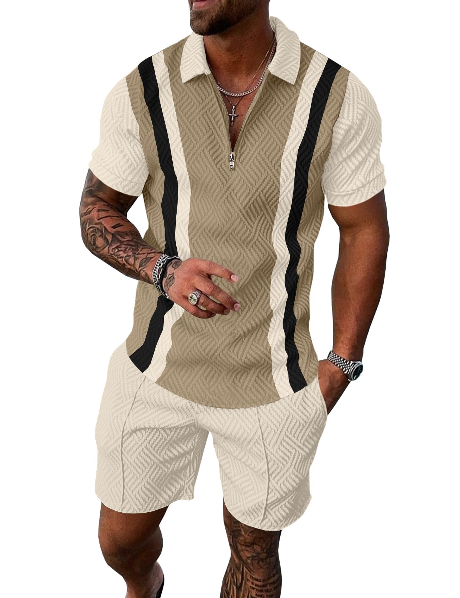 Mens Summer Track Suits 2 Piece Shorts Sets Short Sleeve Sweatsuit Outfits 1/4 Zip Golf Polo Splicing Striped Shirts