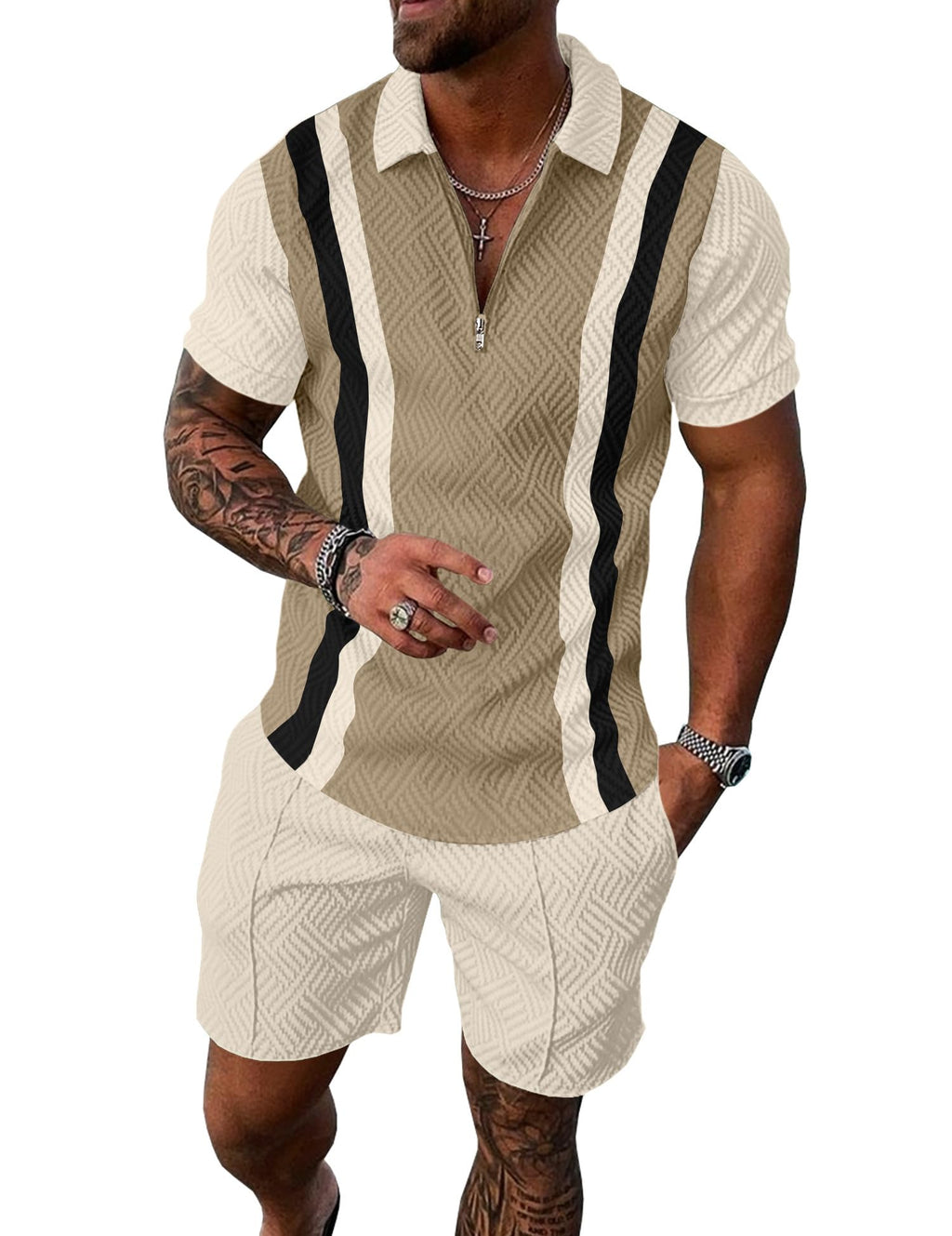 Mens Summer Track Suits 2 Piece Shorts Sets Short Sleeve Sweatsuit Outfits 1/4 Zip Golf Polo Splicing Striped Shirts