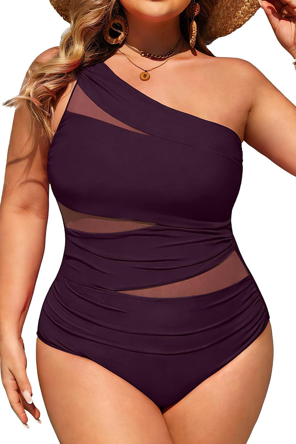 Plus Size One Piece Swimsuit for Women - One Shoulder Bathing Suit | Removable and Adjustable Strap, Detachable pads, Flatter midsection via front mesh, Drape diagonal folds to hide bulk