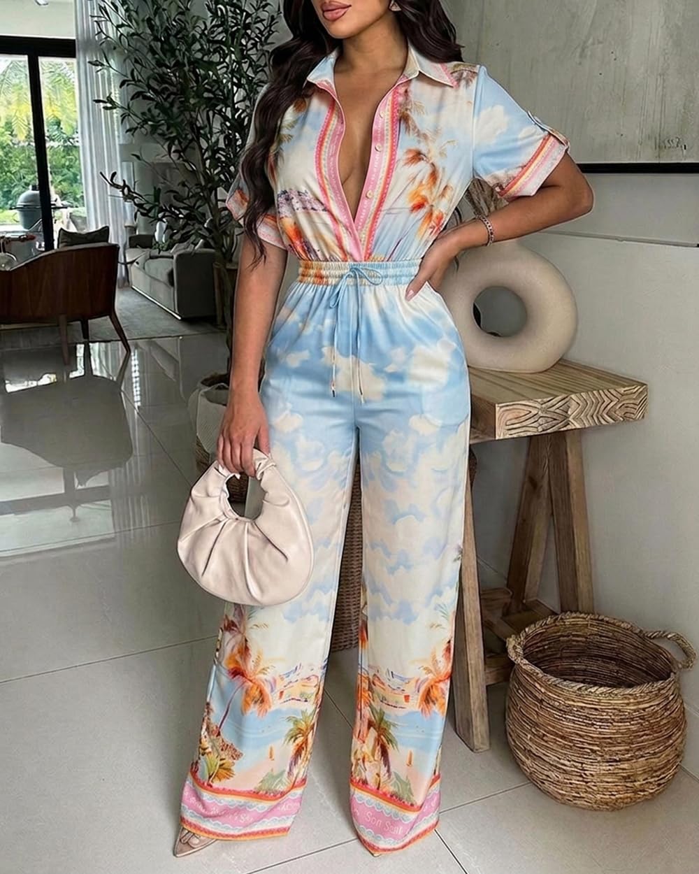 CHICME Womens Jumpsuit Boho Floral Wide Leg Vacation Outfit | Long Pant Rompers with Pockets,Roll Up Short Sleeve,Button Front,Drawstring High Waist,One Piece,Casual,Summer Beach