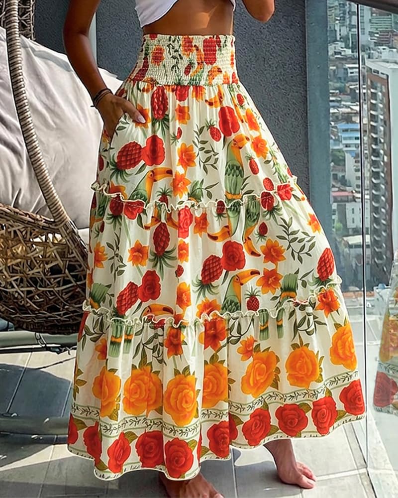 CHICME Women's Boho Floral Summer Maxi Skirt with Pockets Vacation Outfit | Shirred High Waist, Ruffle Hem, Lightweight Comfortable Fabric, A-Line Long Flowy Skirt for Beach, Travel & Daily Wear