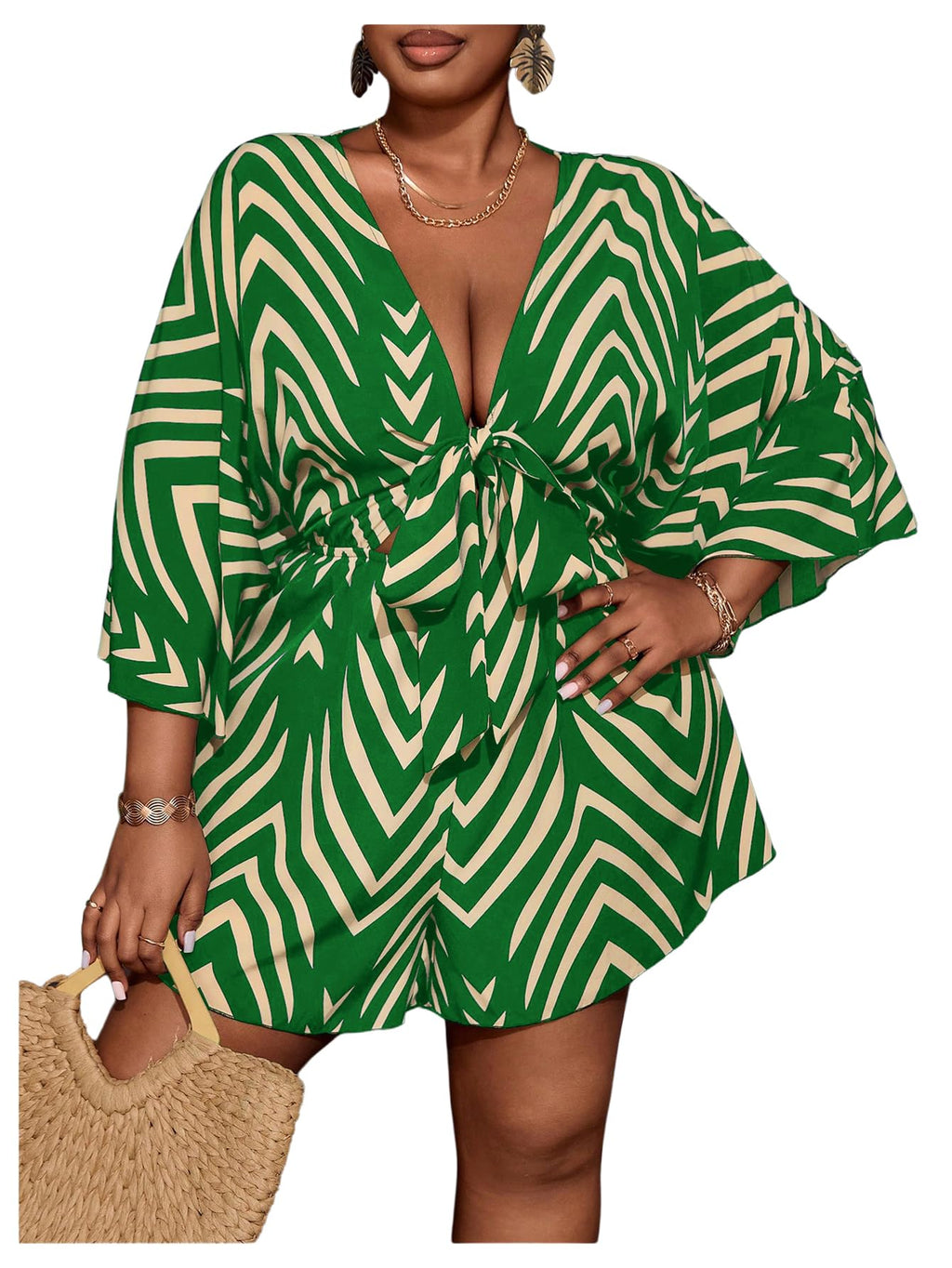 SOLY HUX Women's Plus Size Striped Tie Front Short Jumpsuit | V Neck, 3/4 Sleeve, Loose, Romper
