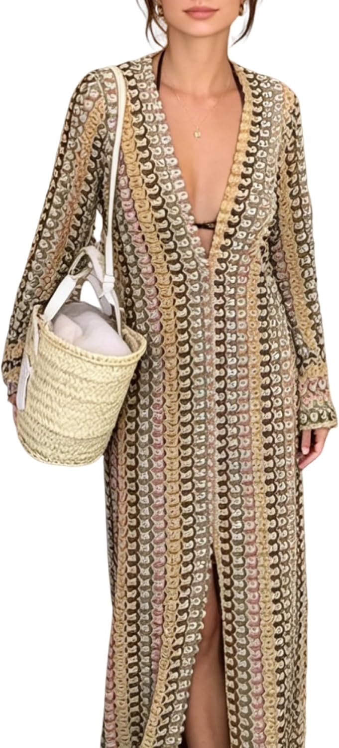 Womens Crochet Colorful Bell Long Sleeve V Neck Loose Maxi Dress Sexy Boho Eyelet Long Sundresses with Slit