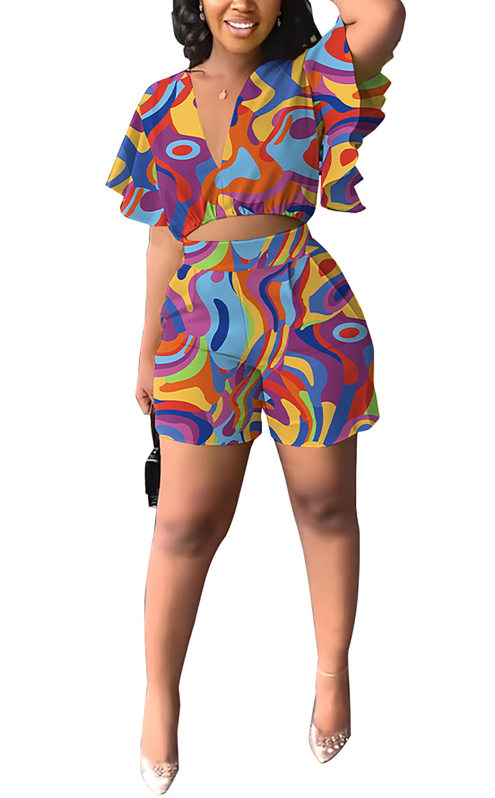 Womens Summer Two Piece Shorts Outfit Sexy Crop Top Butterfly Sleeve 2 pc Short Set Vacation Brunch Matching Set