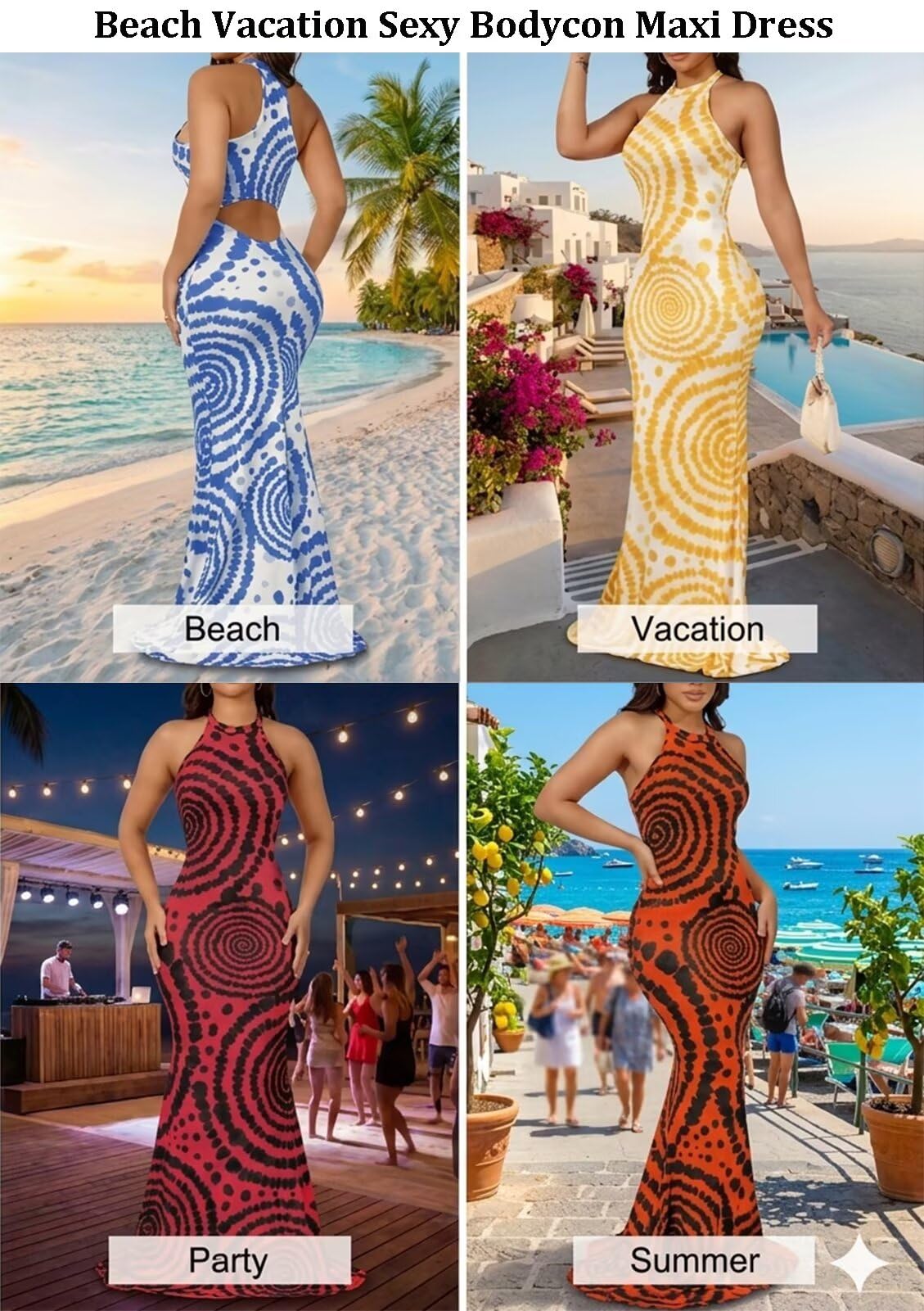 EDITCOZY Women Sexy Bodycon Maxi Dress Beach Backless Vacation Sundress | Tie Dye, Halter, Sleeveless, Open Back Cut Out, Long Mermaid Dresses, Summer, Birthday Party, Going Out, Date Night