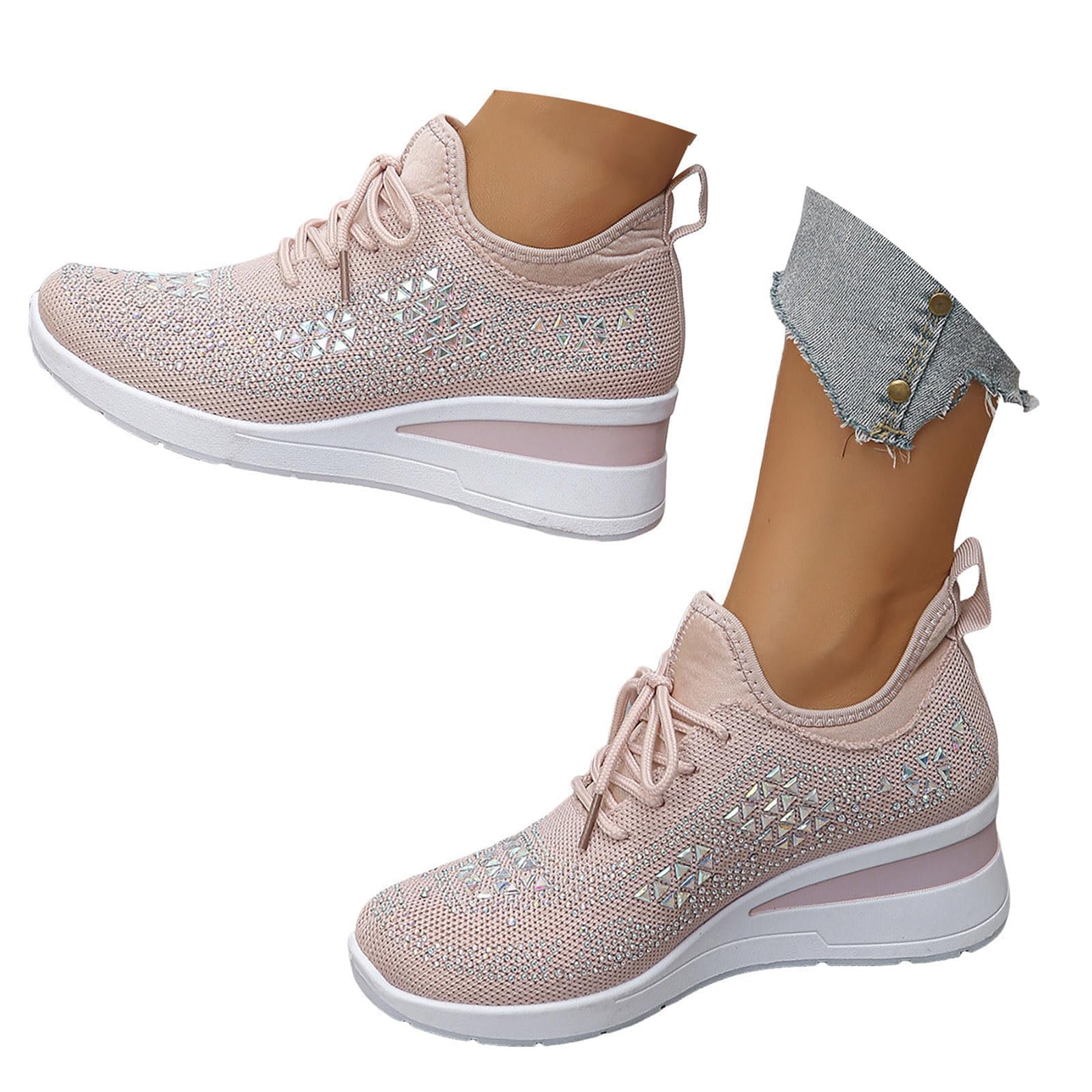 Rhinestone Wedge Sneakers for Women Dressy Fashion Breathable Spakle Glitter Wedding Sneakers for Bride Orthopedic Wedge Lightweight Shoes Sparkly Chunky Mesh Slip on Elastic Tennis Walking Shoes