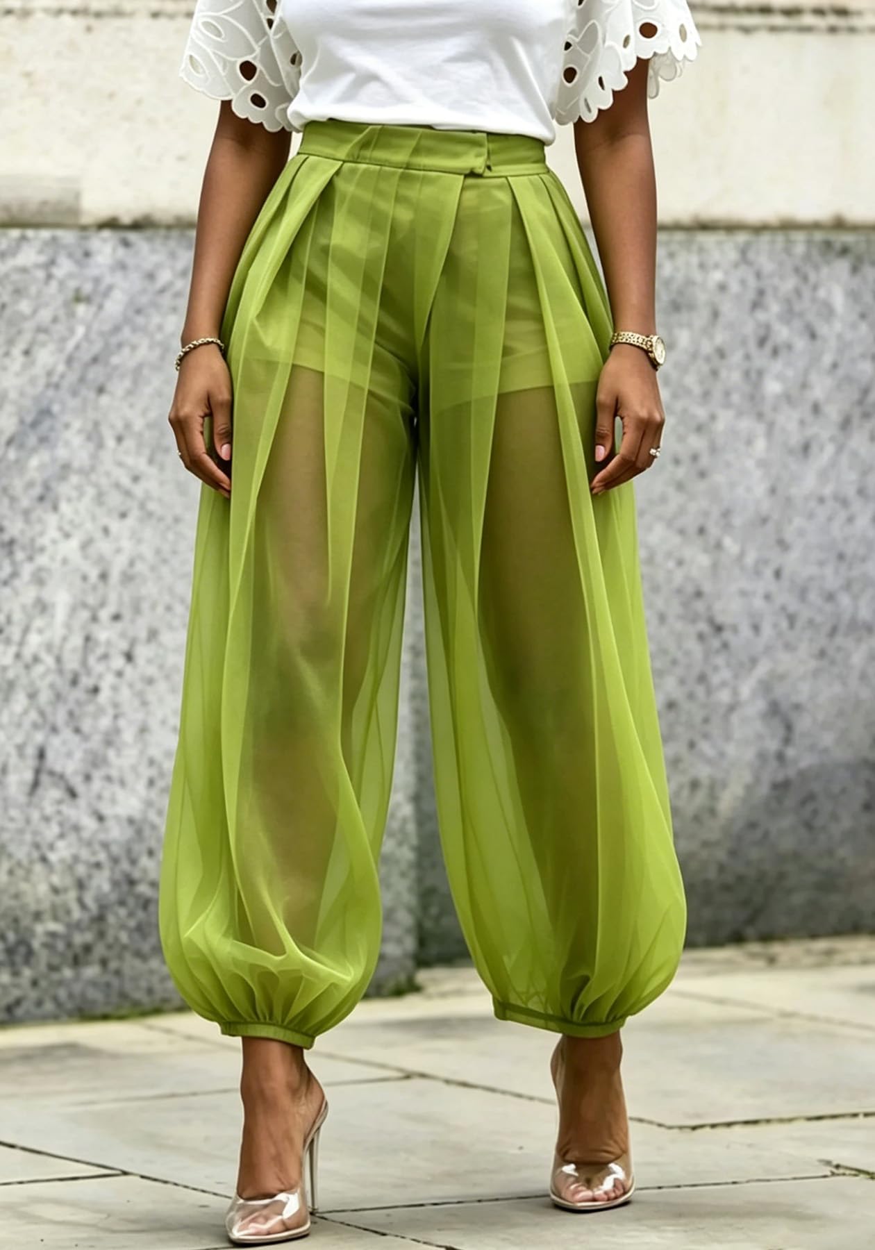 Molisry Women Sheer Mesh Pants Bubble Tulle Patchwork Pants Balloon Trouser | Loose Fit Cover Up Trousers,Built In Shorts Lining