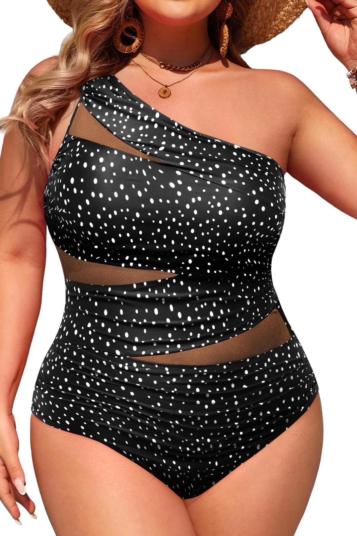 Plus Size One Piece Swimsuit for Women - One Shoulder Bathing Suit | Removable and Adjustable Strap, Detachable pads, Flatter midsection via front mesh, Drape diagonal folds to hide bulk