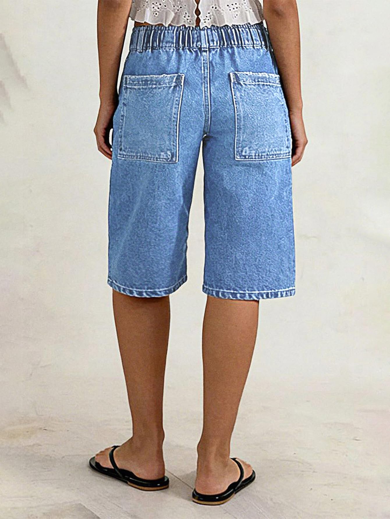 Flamingals Straight Leg High Rise Denim Bermuda Shorts | Elastic Trendy Jean Shorts with Patch Pockets, Bermuda Shorts for Women, High Waist, Denim Fabric