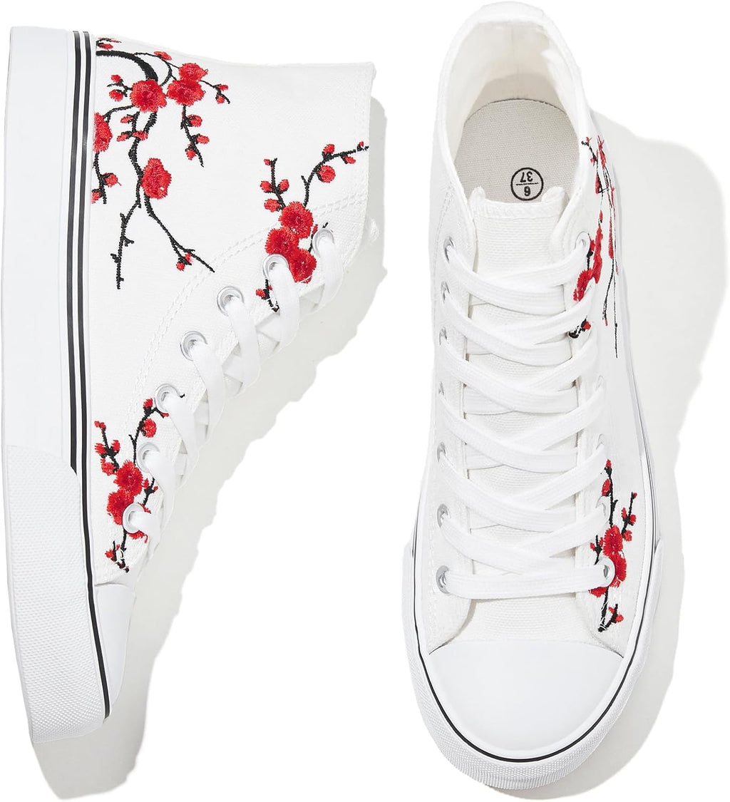 kufeiti Women's High Top Canvas Sneakers Casual Walking Shoes | embroidered,breathable canvas upper,lace up high top,non slip,easy match