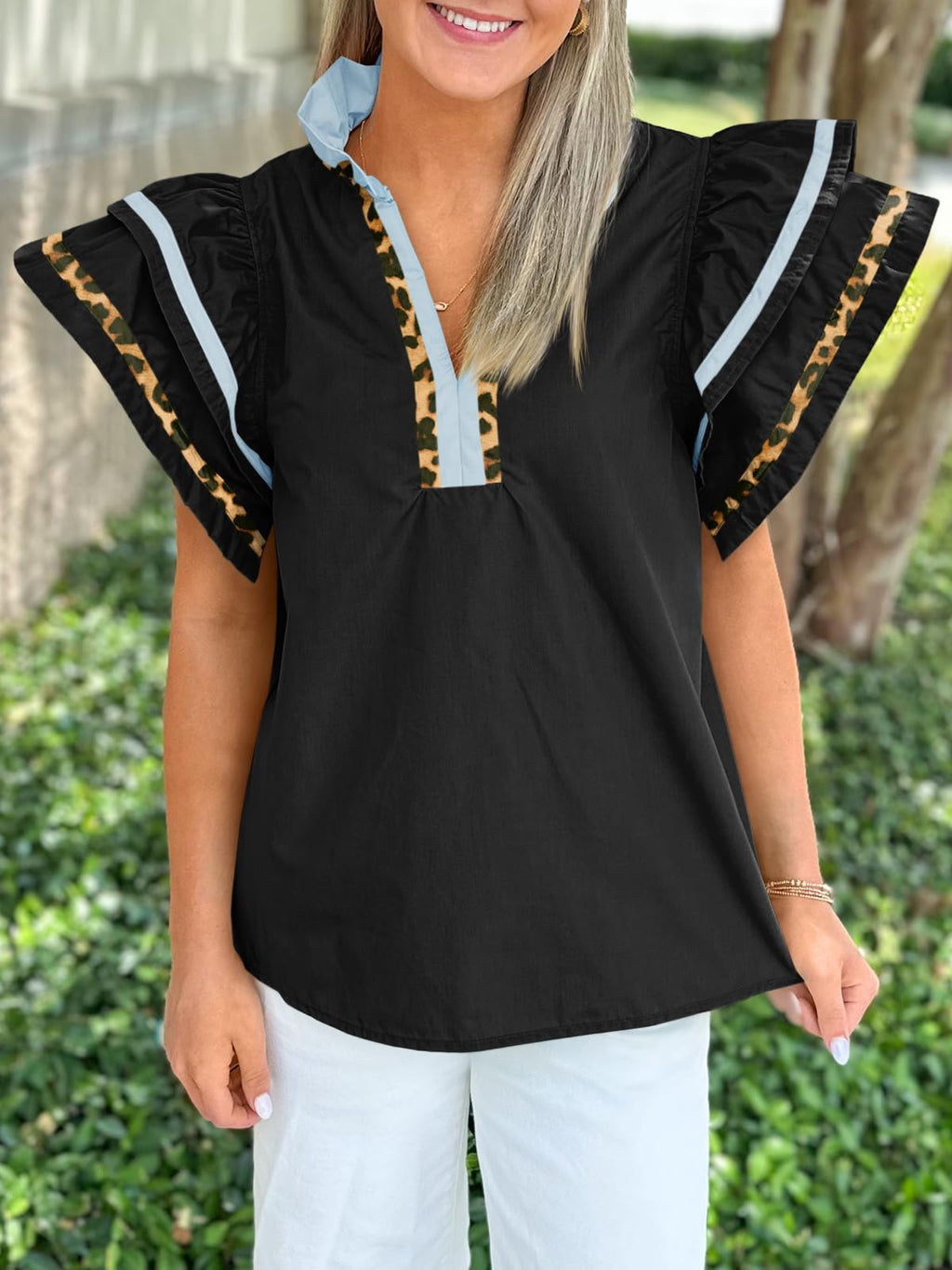 Cicy Bell Womens Ruffle Cap Sleeve Tops Summer V Neck Dressy Casual Blouses | Color Block, Boutique Tops, Pleated Shirt, Loose Fit, Wear to Work, 2026 Fall Outfits