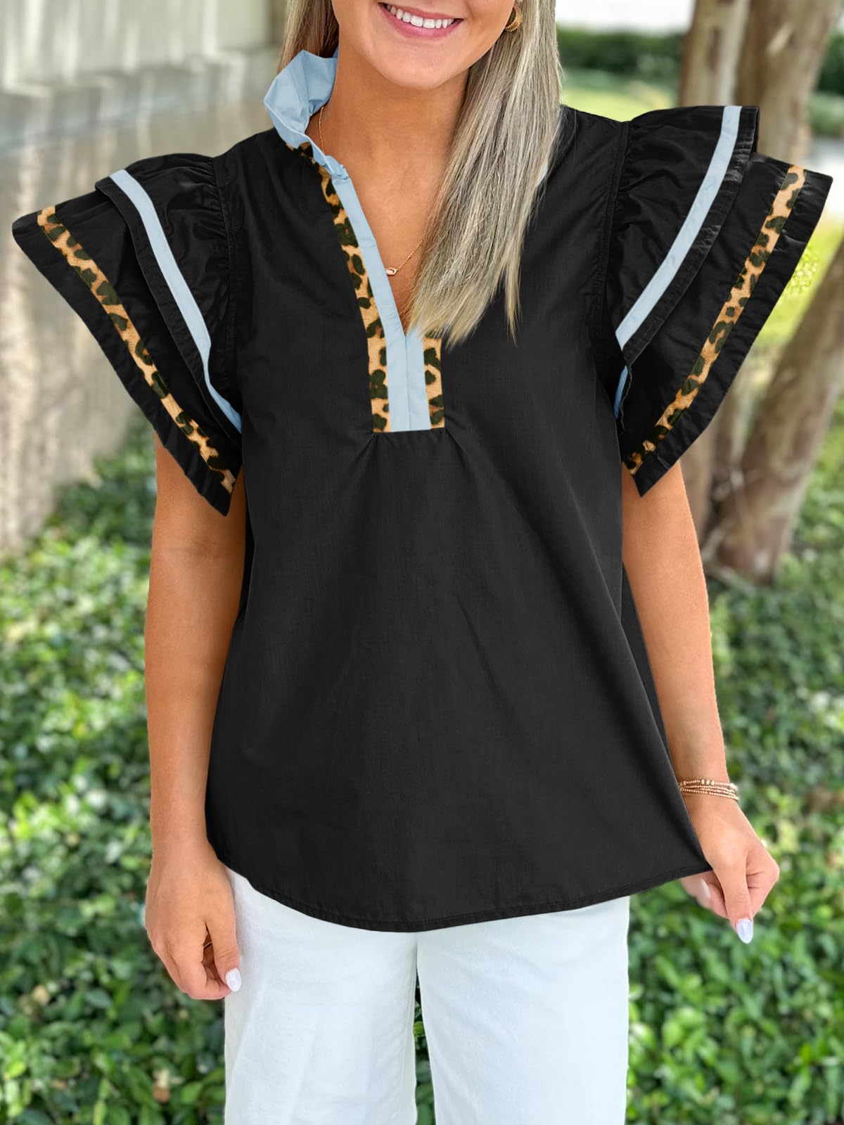 Cicy Bell Womens Ruffle Cap Sleeve Tops Summer V Neck Dressy Casual Blouses | Color Block, Boutique Tops, Pleated Shirt, Loose Fit, Wear to Work, 2026 Fall Outfits