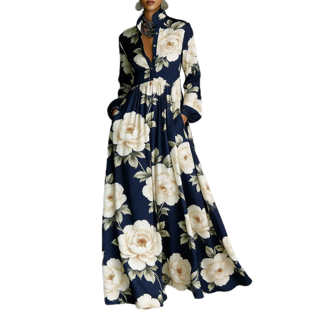 Women Maxi Dress Stand Collar Button Front Pocket Beach Vacation Casual | Flowy maxi dress stand collar, button front, functional pockets, long lantern sleeves, A-line skirt, beach vacation daily