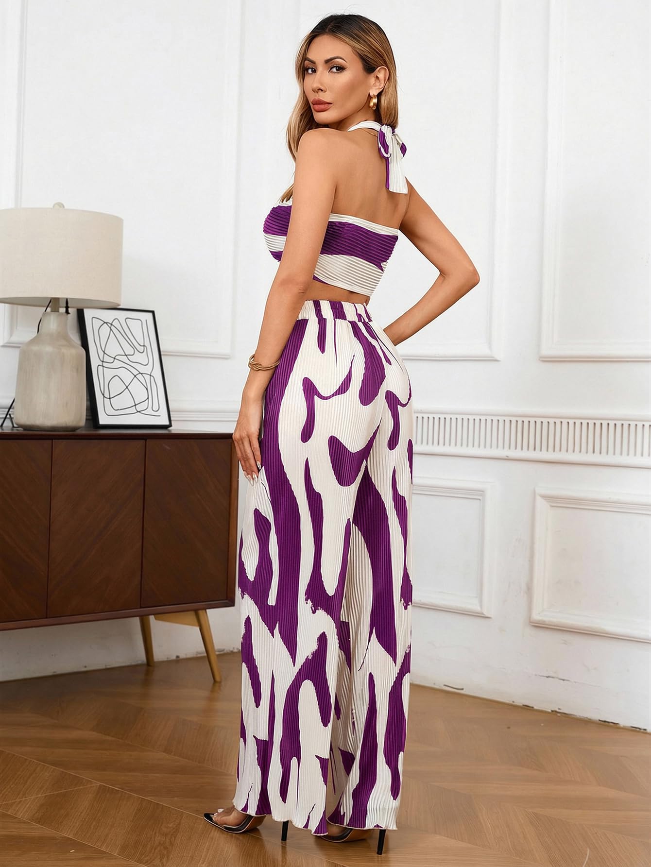 OYOANGLE Women's 2 Piece Graphic Halter Top Wide Leg Pants Vacation Outfits | Knitted, Sleeveless, Crop, High Waist, Beach Club, Summer Sets, Sexy Resort Wear