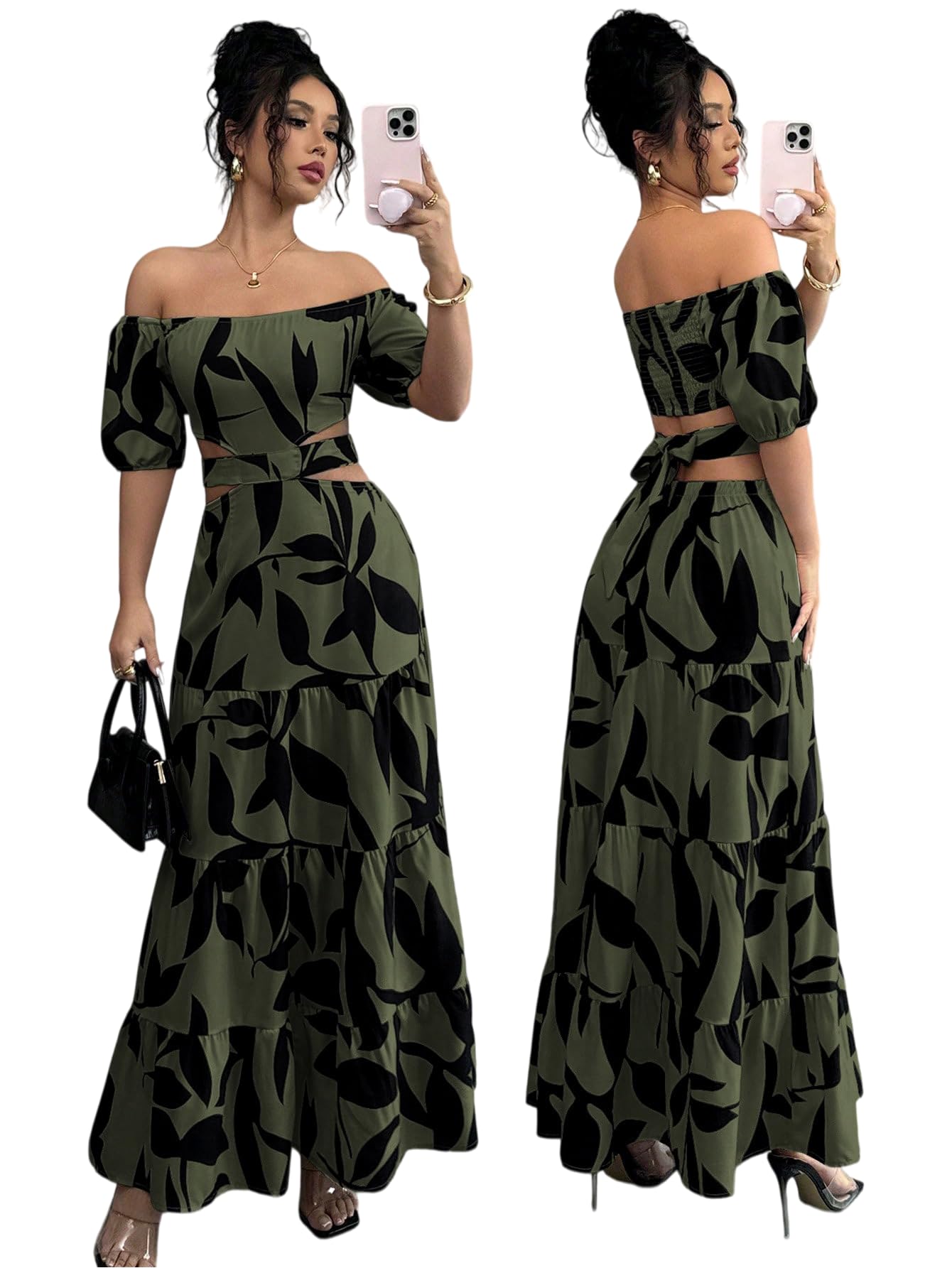 Women's Boho Off The Shoulder Short Sleeve Maxi Dresses Casual Summer Tiered Ruffle Swing Cut Out Flowy Dress