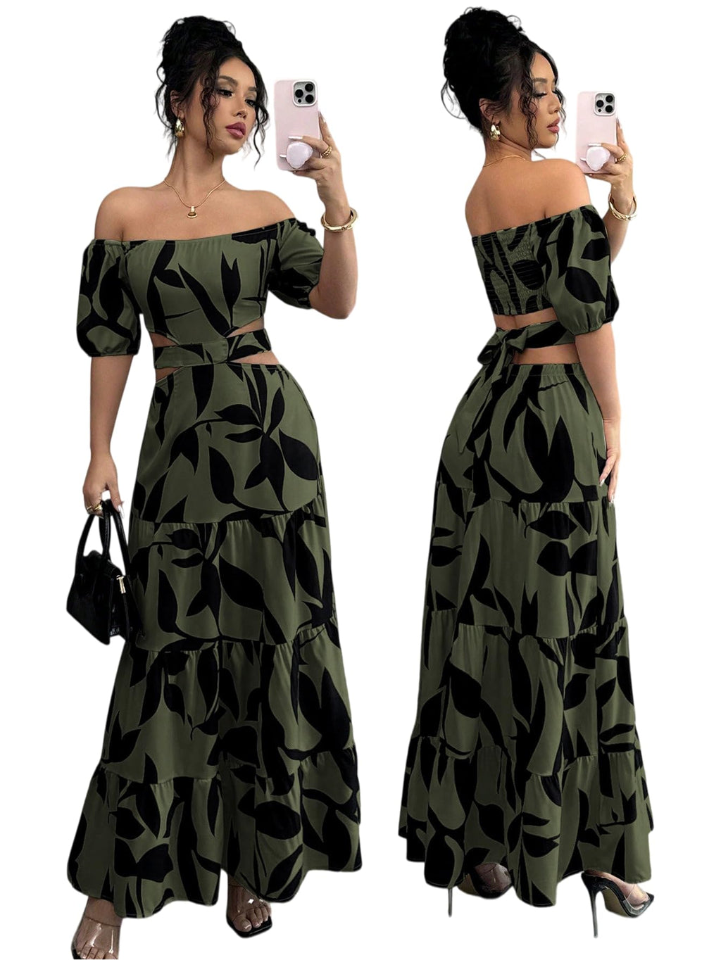 Women's Boho Off The Shoulder Short Sleeve Maxi Dresses Casual Summer Tiered Ruffle Swing Cut Out Flowy Dress