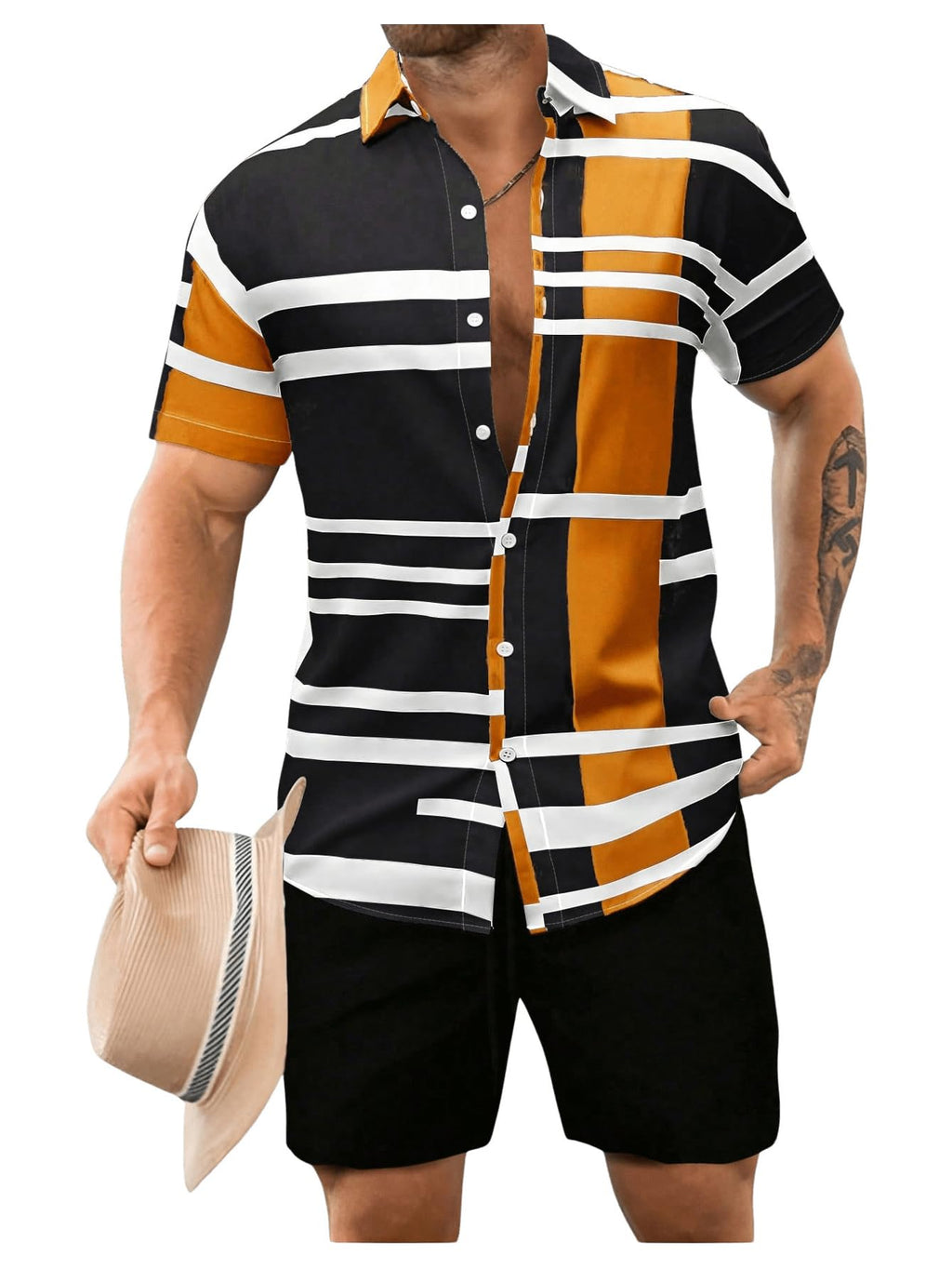 WDIRARA Men's 2 Piece Outfits Button Down Short Sleeve Collared Shirt and Shorts Set