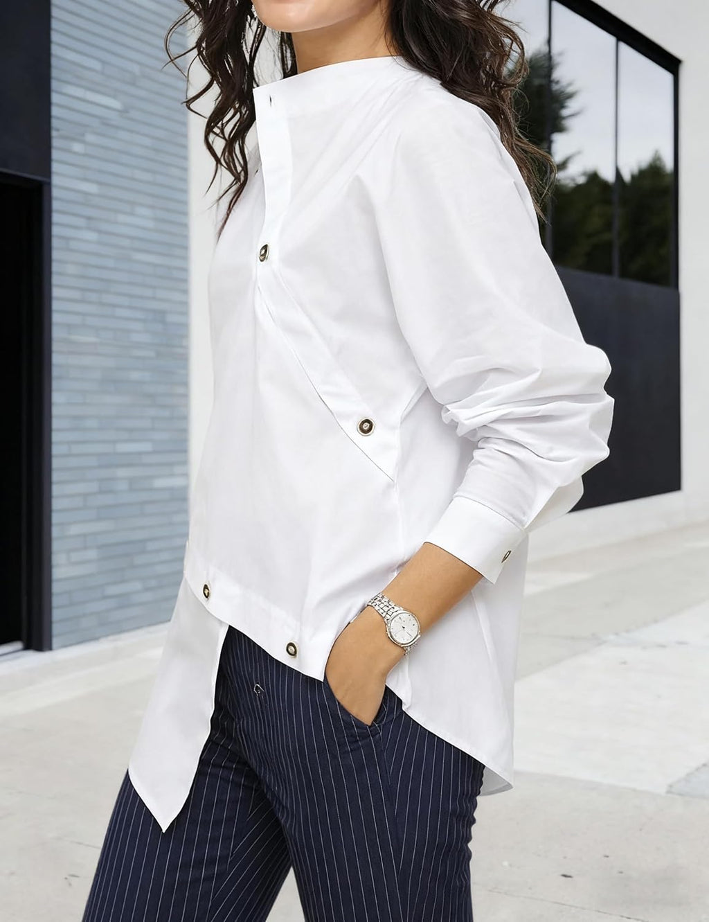 Buttoned Asymmetric Split-Front Blouses Long Sleeves Simple Denim Blue Shirts Tops