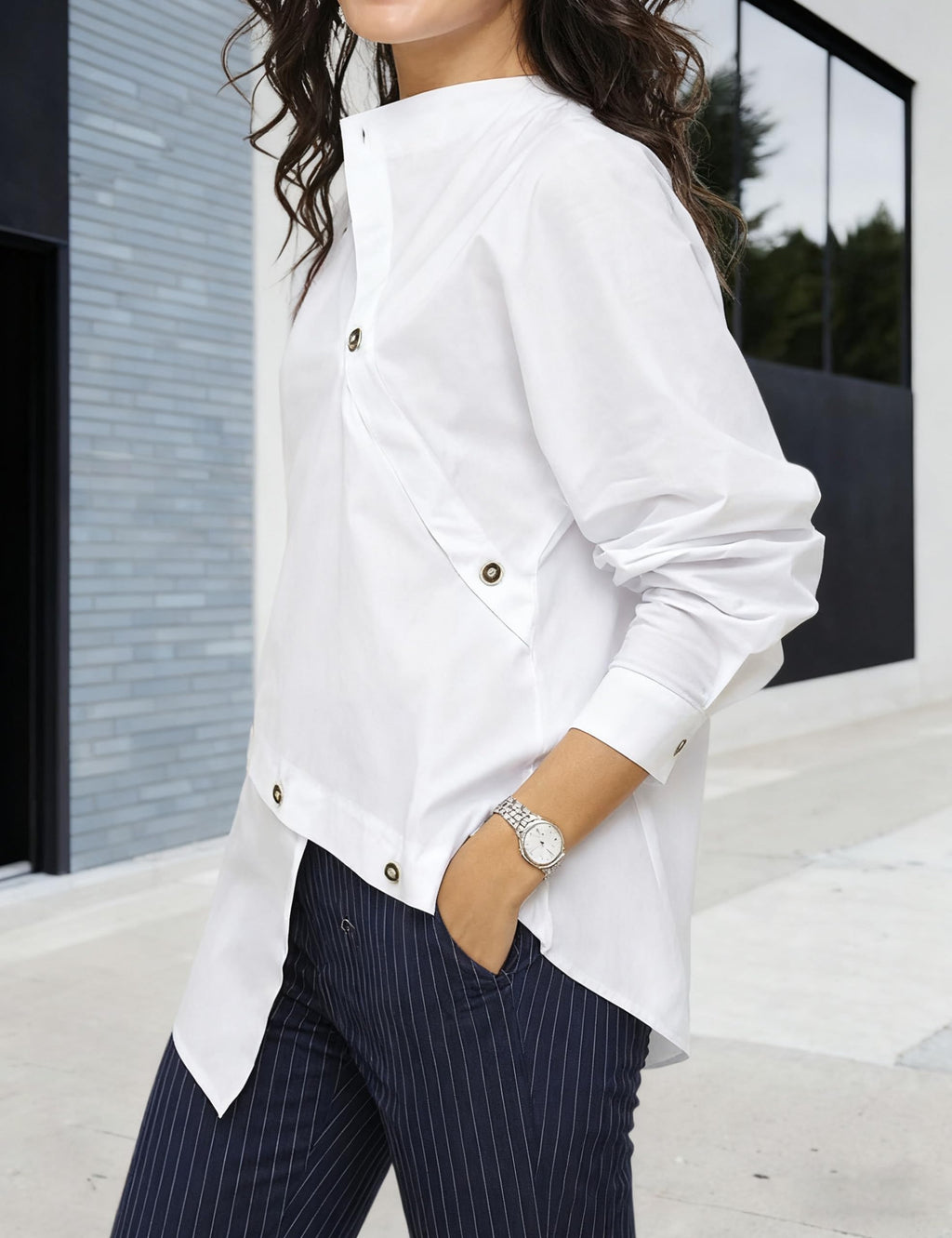 Buttoned Asymmetric Split-Front Blouses Long Sleeves Simple Denim Blue Shirts Tops