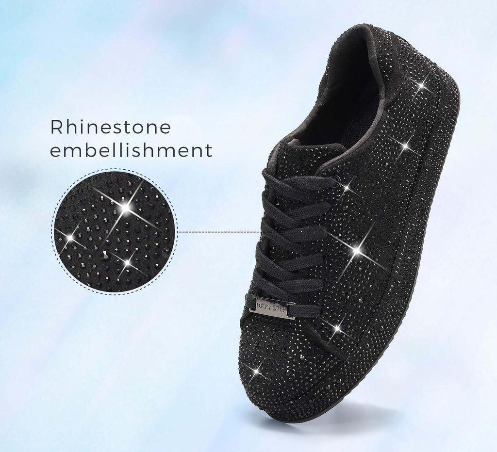 LUCKY STEP Women's Platform Rhinestone Sneakers | Sparkly Fashion Glitter Material|Sparkle Bling Bedazzled|Wedding Bridal Shiny Shoes