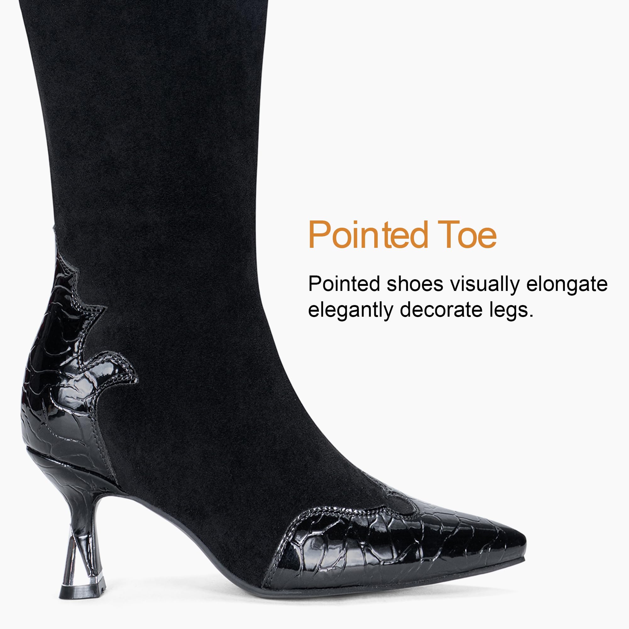 Vepose Women's Knee High Boots, Pointed Toe Kitten Heel Dress Boots | Riding tall boot style, low heel, side zipper, fashion silhouette, patchwork design, suit for jeans, skirts, nights out