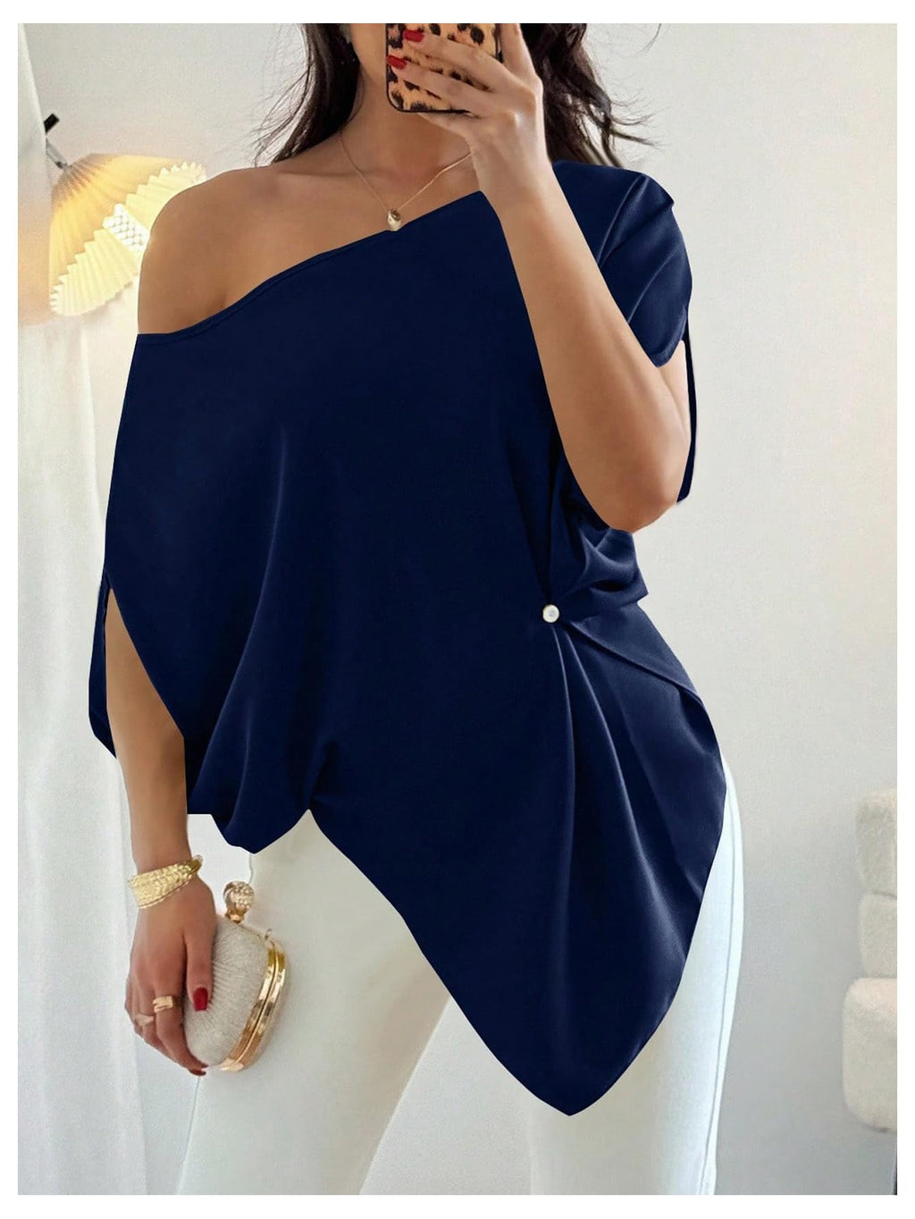 SHENHE Women's Off Shoulder Dolman Sleeve Blouses Asymmetrical Flowy Tops | Casual, Loose, Blouses With Waist Pleats, Asymmetrical, Elegant