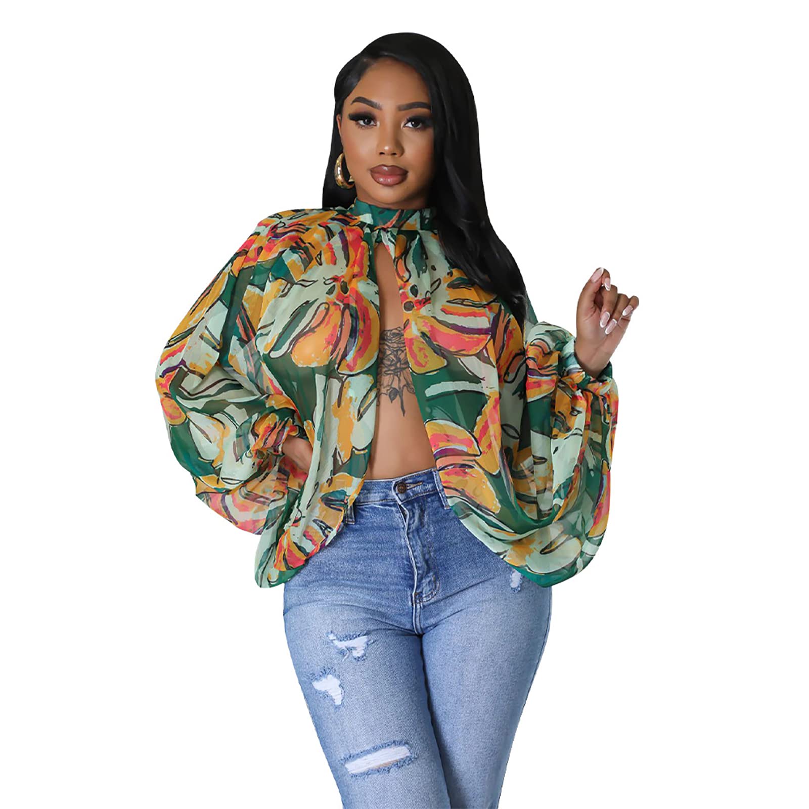 acelyn Women's Sexy See Through Chiffon Sheer Blouses Tops | Lantern Sleeve, Front Back Open, High Neck, Self Tie, Shawl Casual Shirts,Blouses Tops