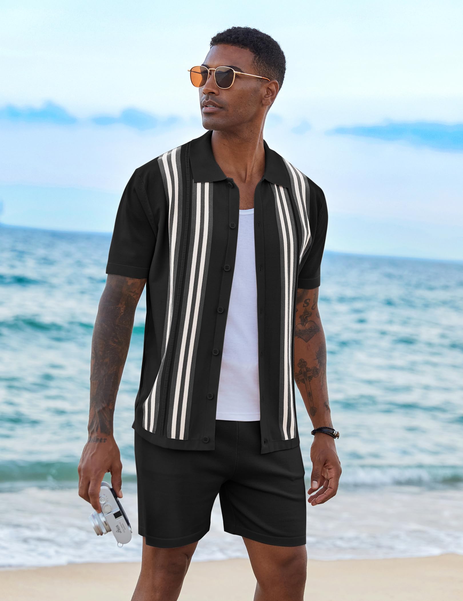 COOFANDY Men's 2 Piece Outfits Summer Short Sets Vintage Knit Button Down Shirt Short Sleeve Polo Casual Beach Suits
