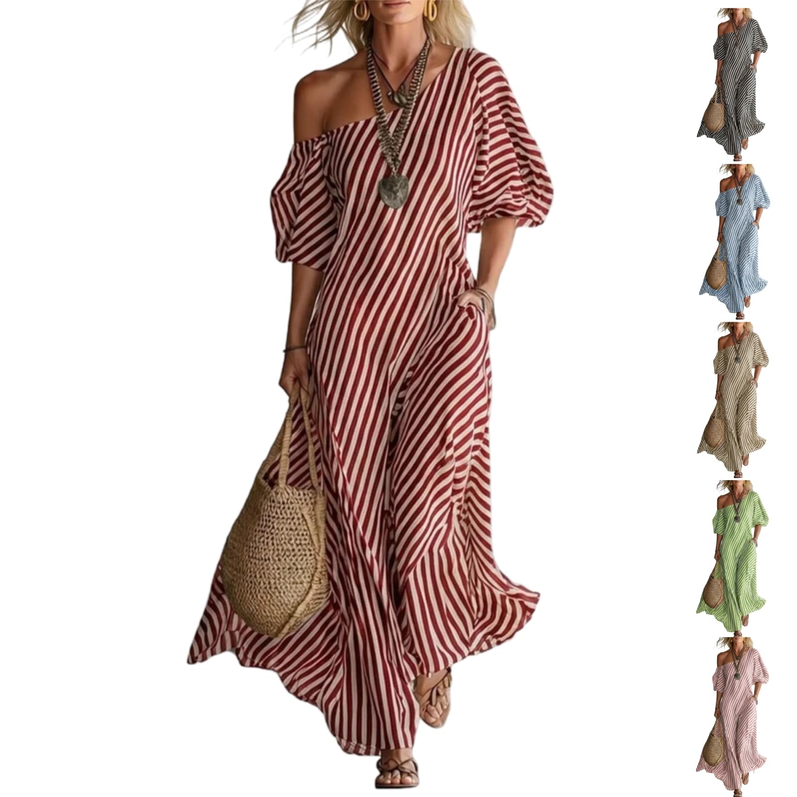 Women's Elegant and Classic Striped Off-Shoulder Maxi Dress,Summer Flutter Short Sleeve One Shoulder Loose Flowy Long Dress