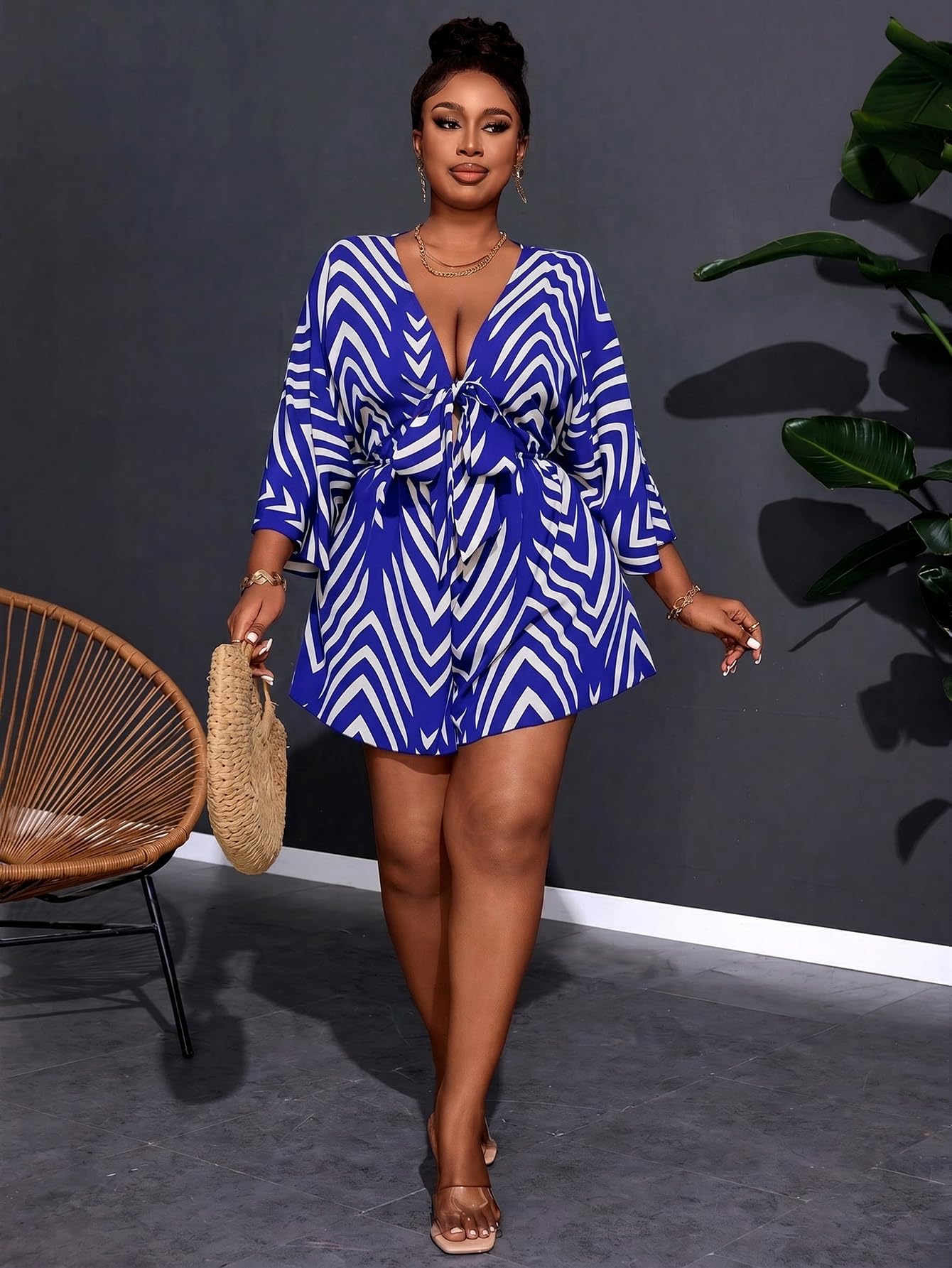 SOLY HUX Women's Plus Size Striped Tie Front Short Jumpsuit | V Neck, 3/4 Sleeve, Loose, Romper