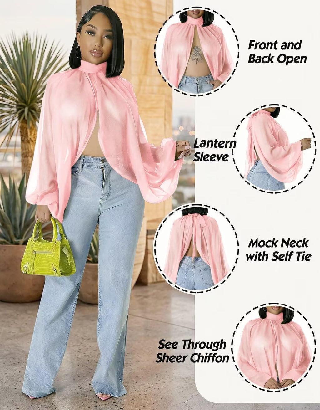 acelyn Women's Sexy See Through Chiffon Sheer Blouses Tops | Lantern Sleeve, Front Back Open, High Neck, Self Tie, Shawl Casual Shirts,Blouses Tops