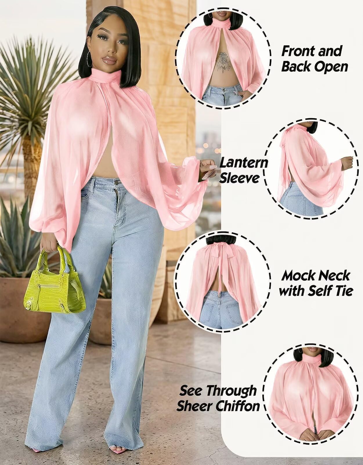 acelyn Women's Sexy See Through Chiffon Sheer Blouses Tops | Lantern Sleeve, Front Back Open, High Neck, Self Tie, Shawl Casual Shirts,Blouses Tops