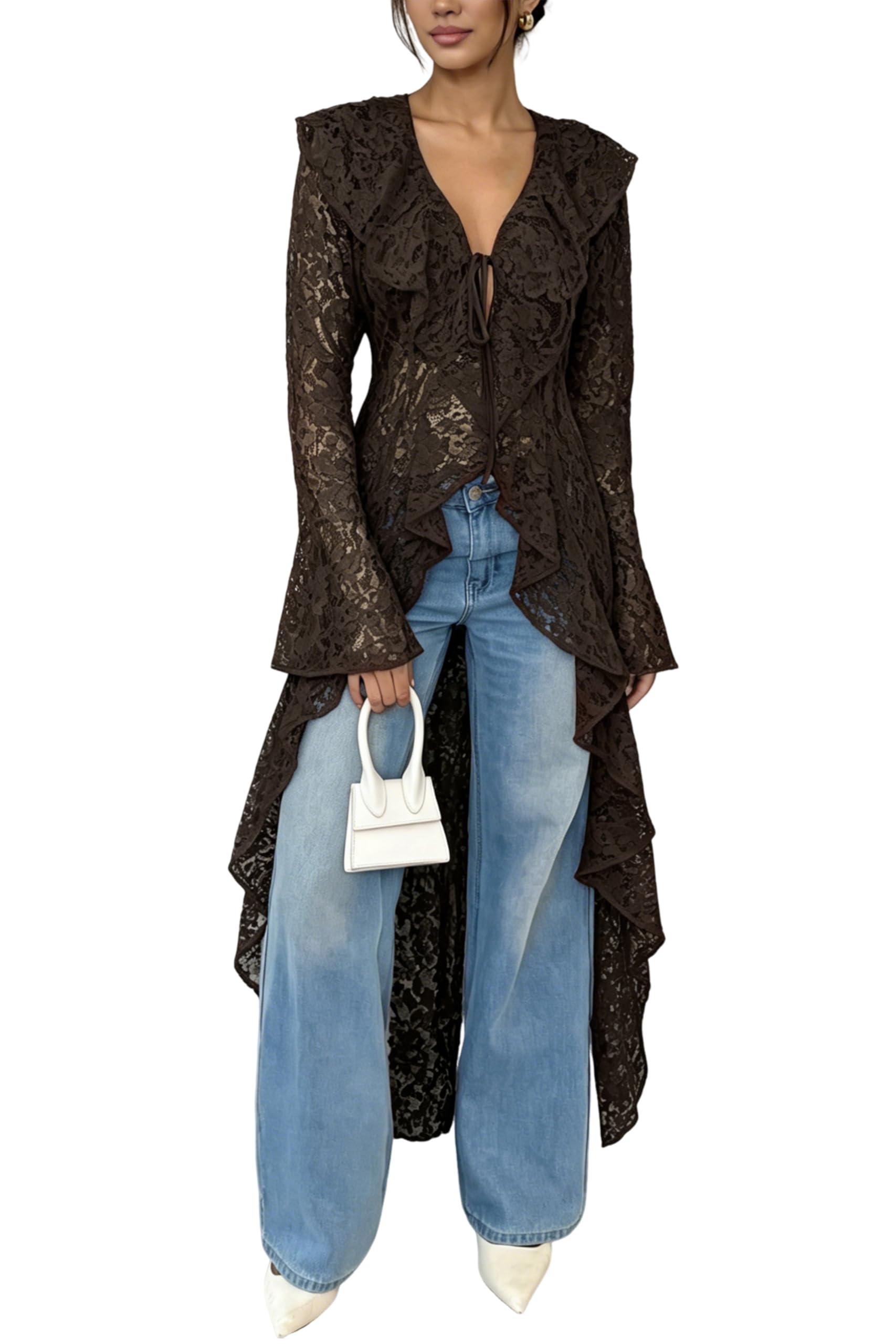Lace Cardigan for Women Maxi Summer Lightweight Open Front Tie Bell Long Sleeve Ruffled Tops Duster Swimsuit Cover Up