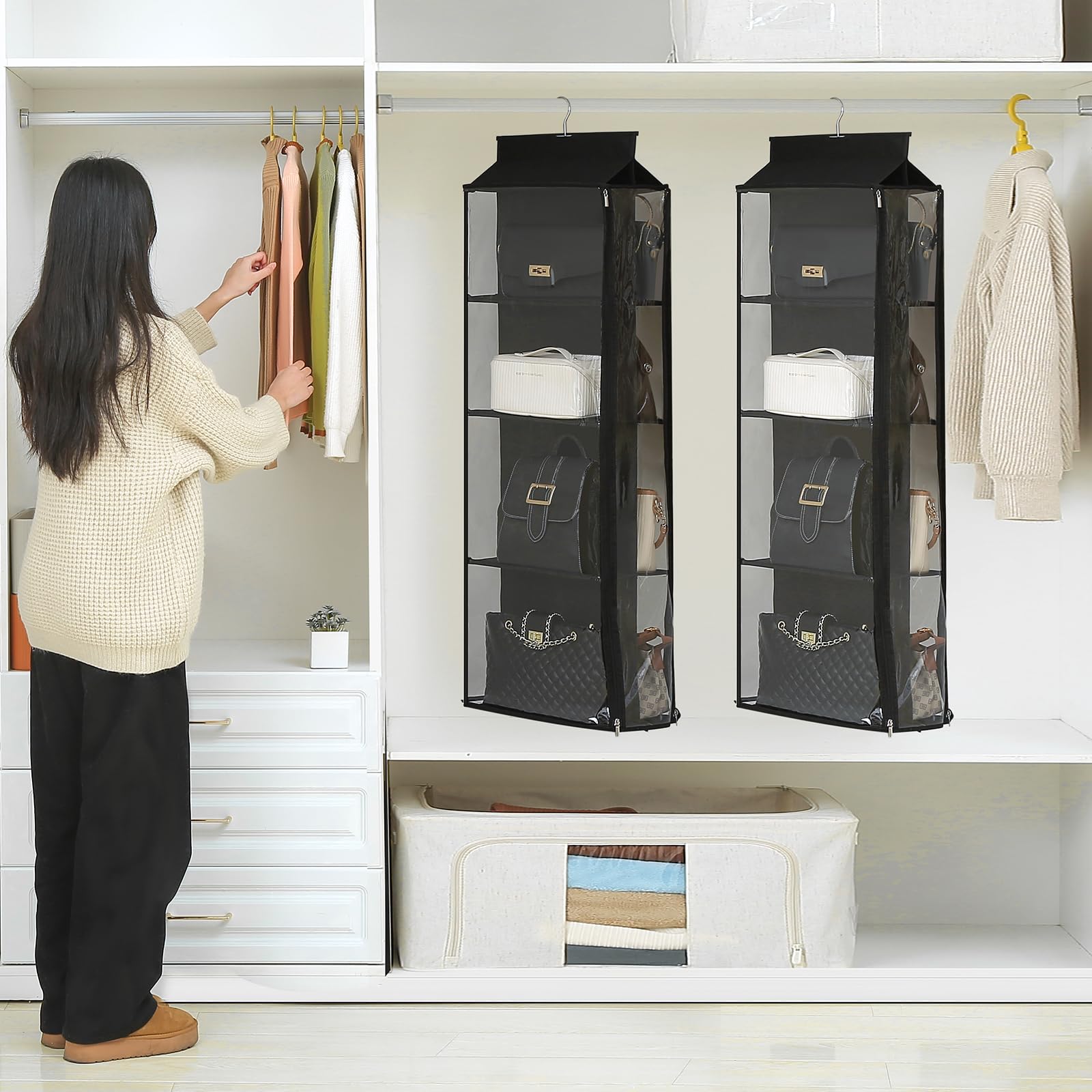 8 Grids in 1 Rotatable Hanging Purse Handbag Organizer with Double Zippers, Visible Purse Organizer for Closet, Fully Enclosed Handbag Storage Holder