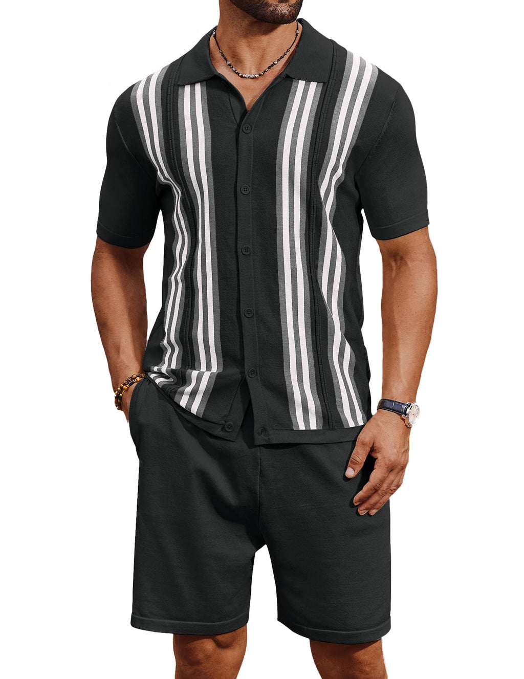 COOFANDY Men's 2 Piece Outfits Summer Short Sets Vintage Knit Button Down Shirt Short Sleeve Polo Casual Beach Suits