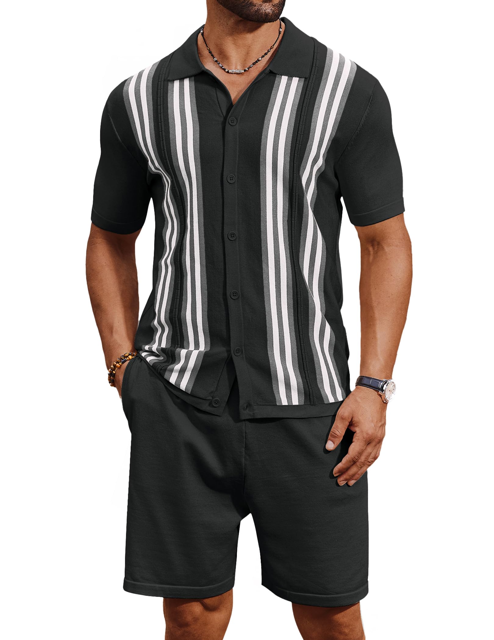 COOFANDY Men's 2 Piece Outfits Summer Short Sets Vintage Knit Button Down Shirt Short Sleeve Polo Casual Beach Suits