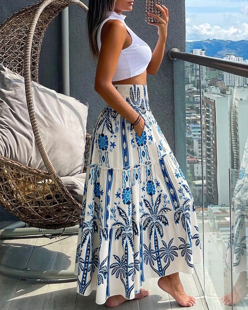 CHICME Women's Boho Floral Summer Maxi Skirt with Pockets Vacation Outfit | Shirred High Waist, Ruffle Hem, Lightweight Comfortable Fabric, A-Line Long Flowy Skirt for Beach, Travel & Daily Wear