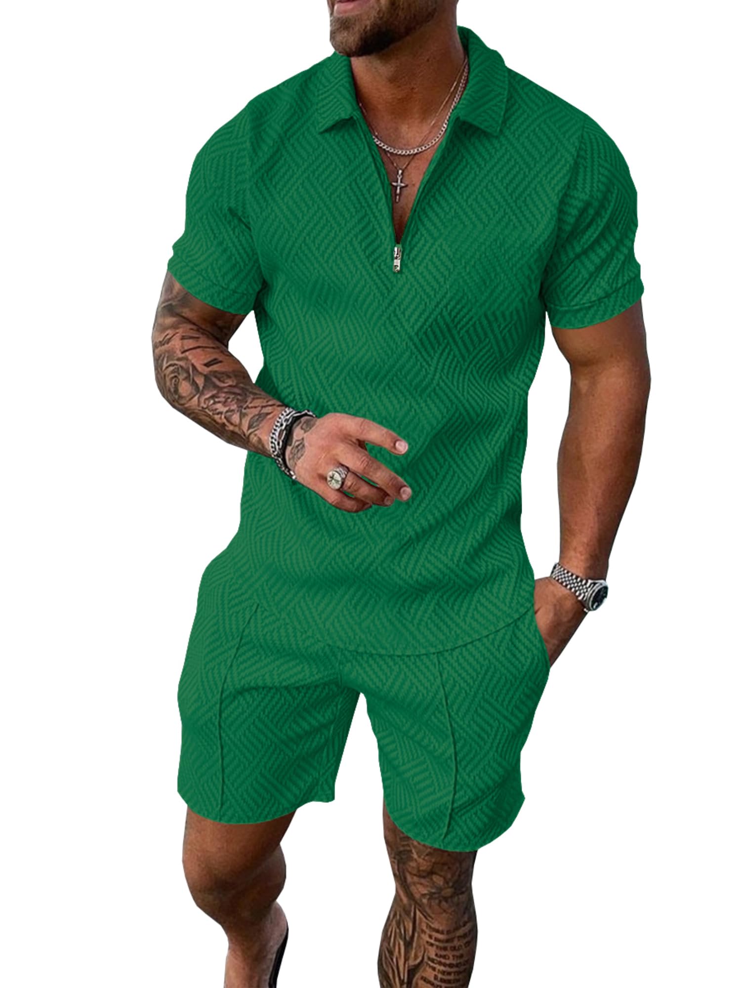 Mens Summer Track Suits 2 Piece Shorts Sets Short Sleeve Sweatsuit Outfits 1/4 Zip Golf Polo Shirts Loungewear