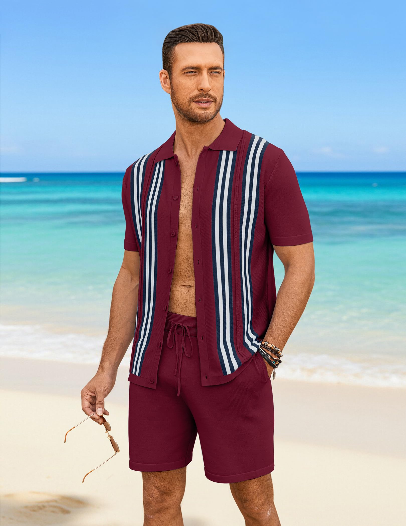 COOFANDY Men's 2 Piece Outfits Summer Short Sets Vintage Knit Button Down Shirt Short Sleeve Polo Casual Beach Suits