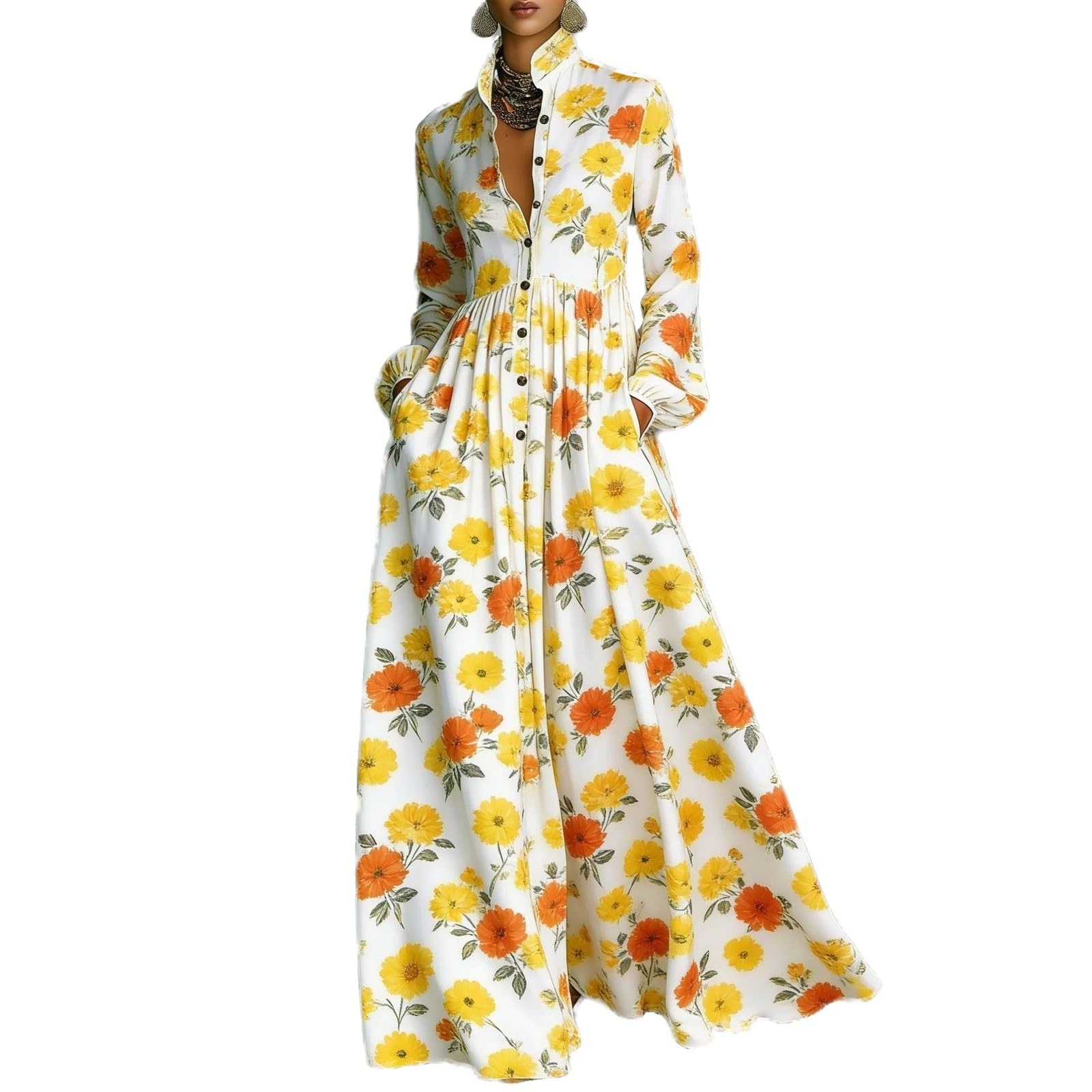 Women Maxi Dress Stand Collar Button Front Pocket Beach Vacation Casual | Flowy maxi dress stand collar, button front, functional pockets, long lantern sleeves, A-line skirt, beach vacation daily