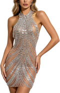 Women Rhinestones Short Prom Dress Nightclub Dancer Party Gowms Stage Performance Costume