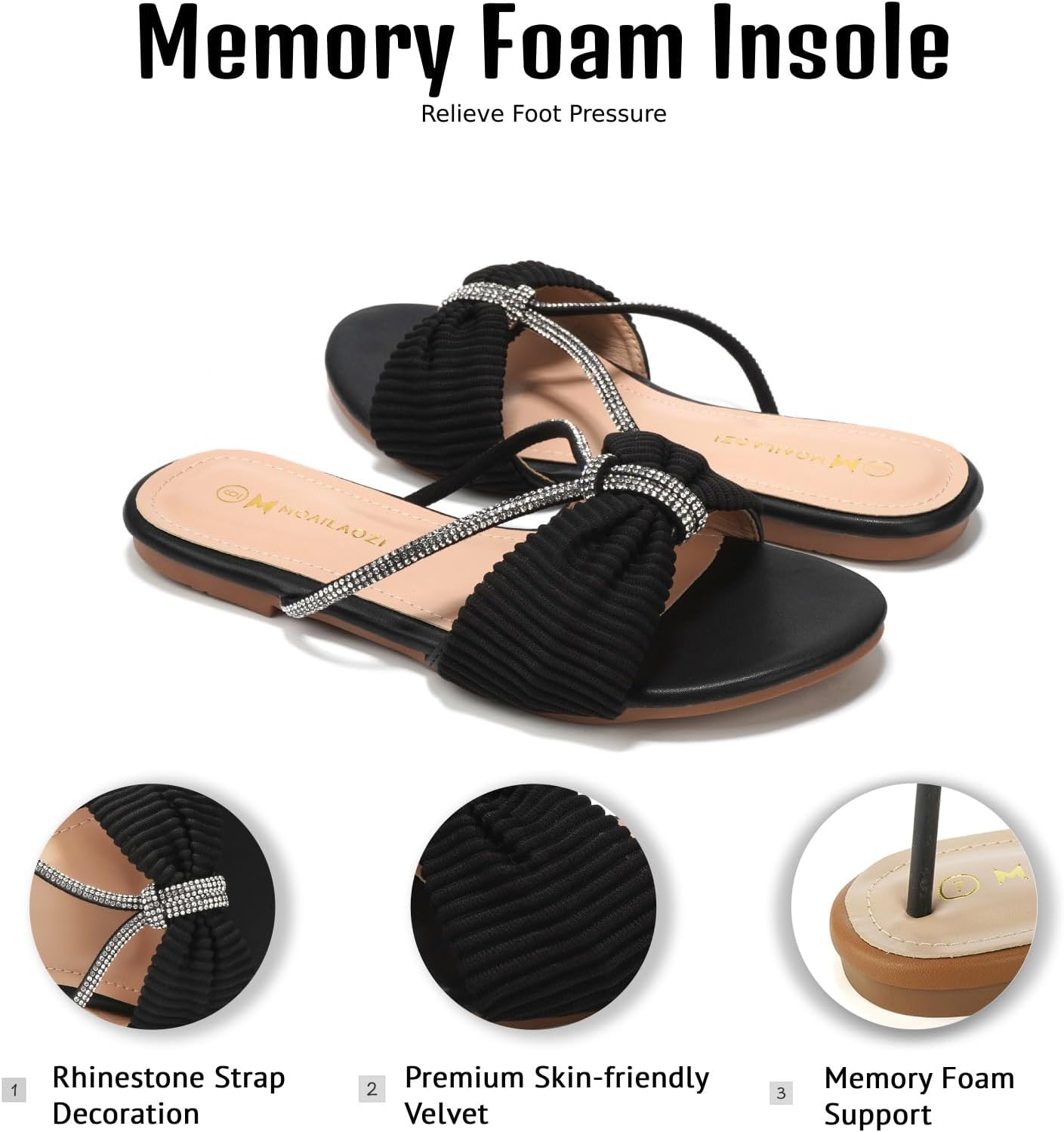 Women's Sandals Rhinestone Strappy Slides With Soft Memory Foam Insole, Dressy Open Toe Beach Slippers Flats for Summer