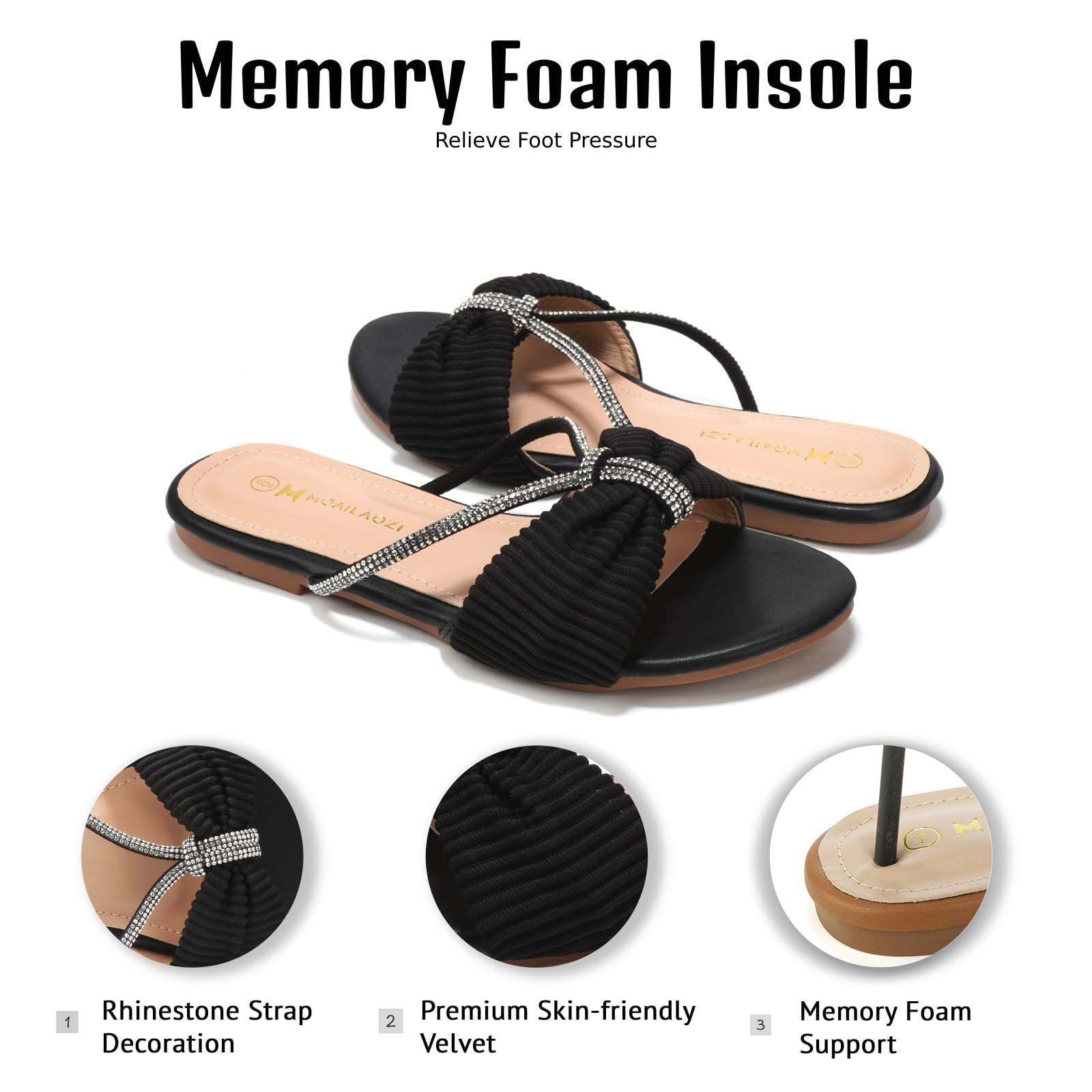 Women's Sandals Rhinestone Strappy Slides With Soft Memory Foam Insole, Dressy Open Toe Beach Slippers Flats for Summer