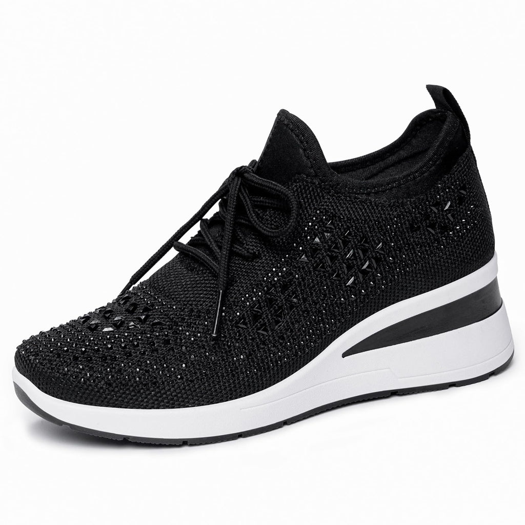 Glitter Rhinestone Wedge Sneakers with Lace-Up for Women Fashion Shiny Sequin Comfort Orthopedic Breathable Mesh Round Toe Soft Sole Tennis Walking Shoes