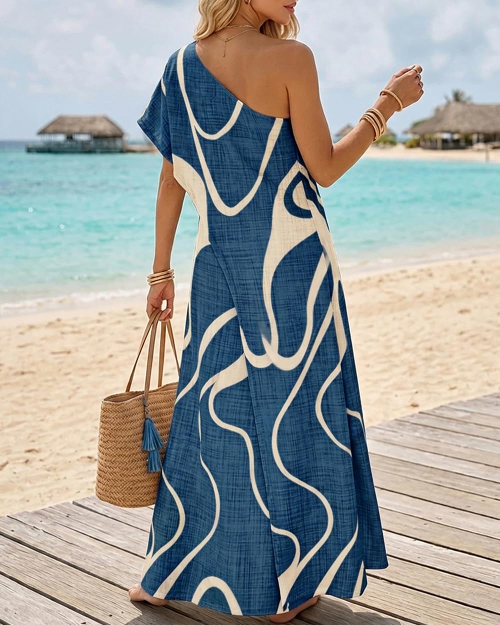 CHICME Maxi Dresses for Women Abstract Print Summer Dress | Womens Summer Dresses, One Shoulder Boho Dress with Pockets, Faux 2 Piece Casual Dresses, Vacation, Beach Dress Wedding Guest