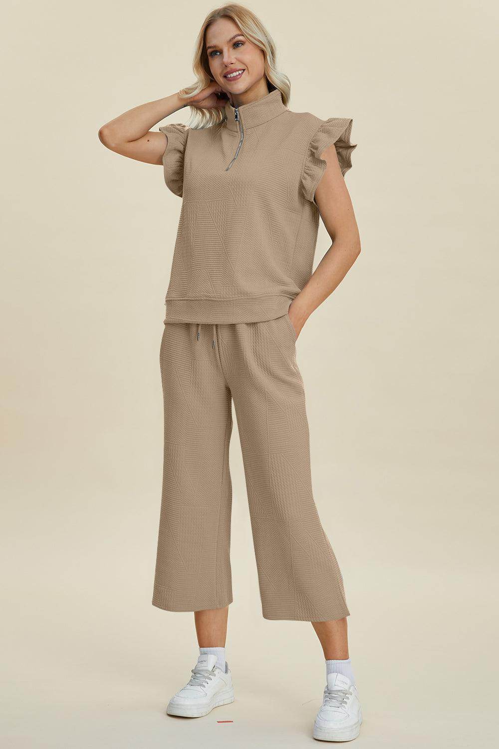Double Take Full Size Texture Ruffle Top and Pants Set