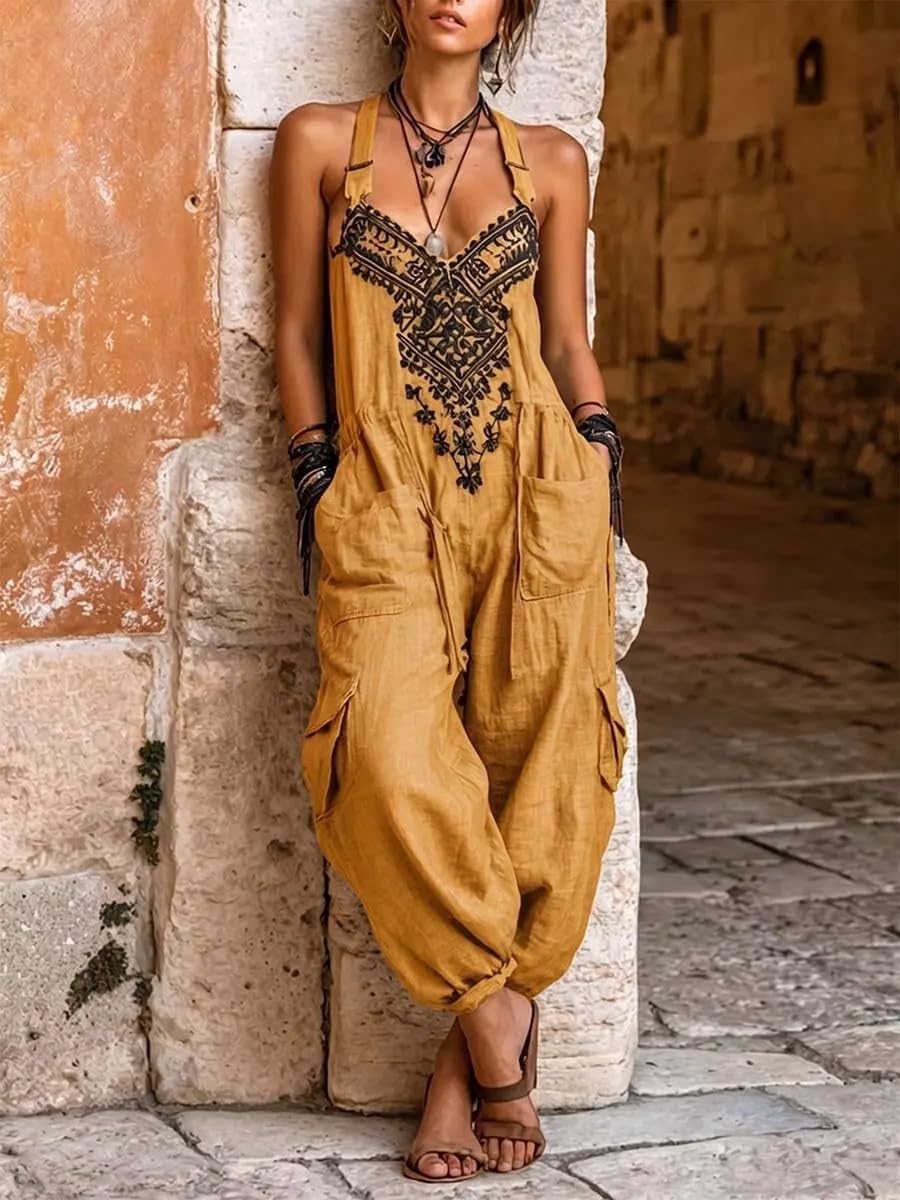 THLAI Women Boho Printed Spaghetti Strap Jumpsuit Loose Baggy Cargo Overalls Back Tie Casual Vacation Rompers