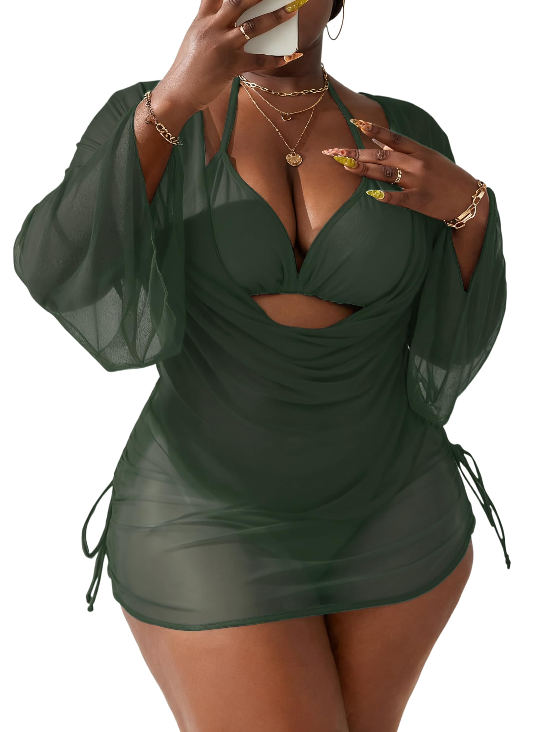 Women's Plus Size Halter String Triangle Bikini Sets 3 Piece Swimsuits with Side Ruched Drawstring Cover Up