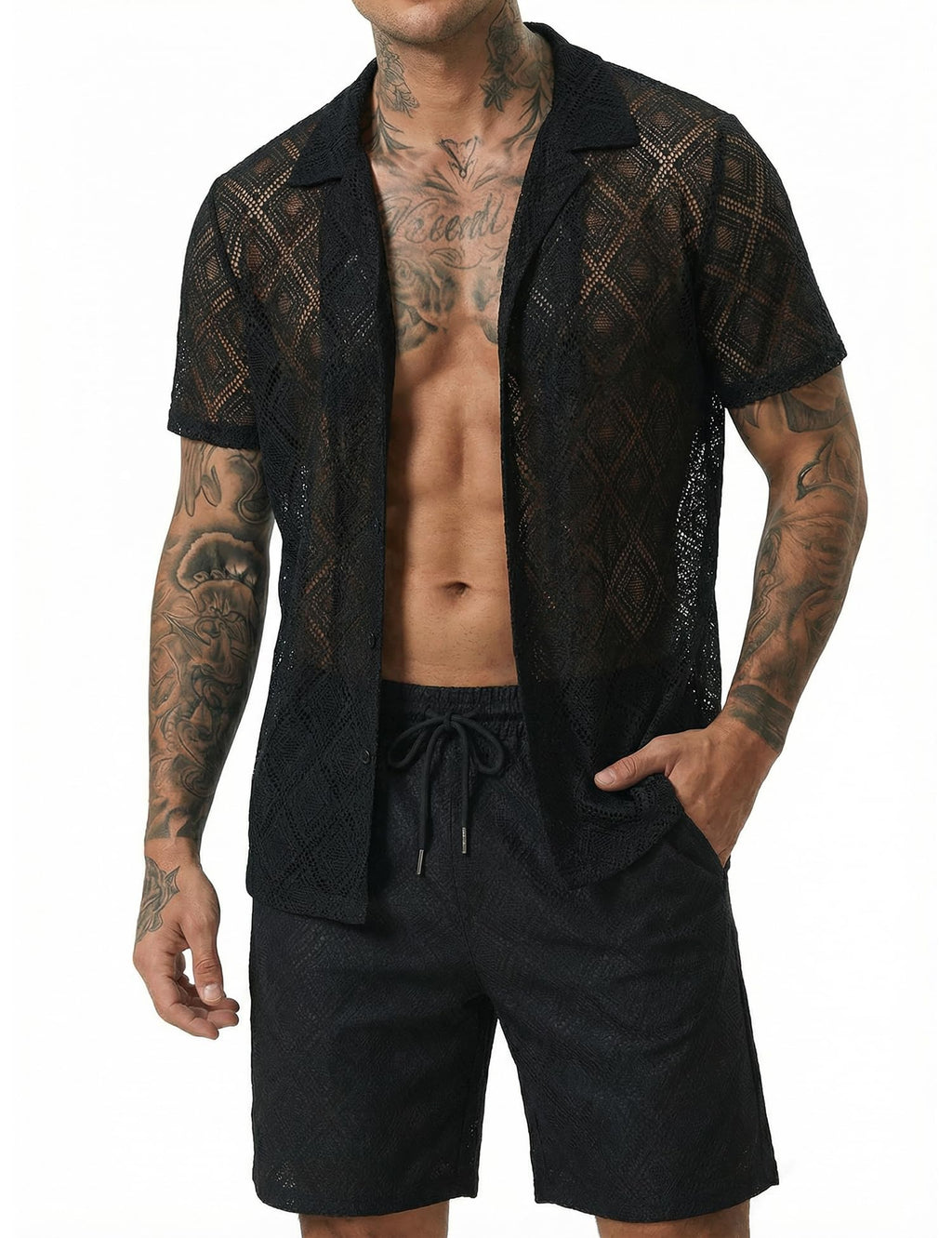 Men 2 Piece Shorts Set Sexy Lace Mesh Sheer Short Sleeve Summer Rave Outfit